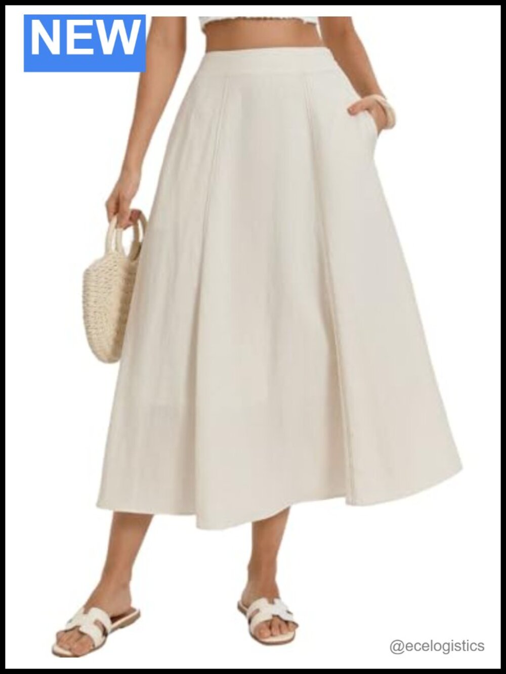 Women's Linen Blend High Waist A-Line Midi Skirt with Pockets Flowy Summer